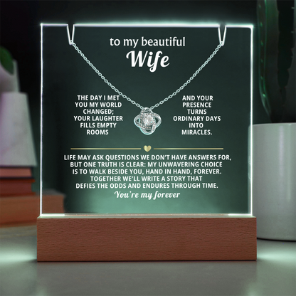 To My Beautiful Wife, You're My Forever - Love Knot Necklace Message Card Keepsake Acrylic Wooden 7 Color LED Base
