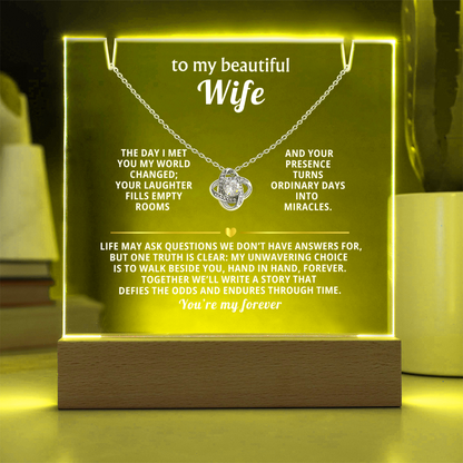 To My Beautiful Wife, You're My Forever - Love Knot Necklace Message Card Keepsake Acrylic Wooden 7 Color LED Base