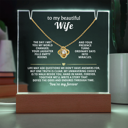 To My Beautiful Wife, You're My Forever - Love Knot Necklace Message Card Keepsake Acrylic Wooden 7 Color LED Base