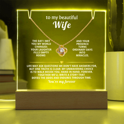 To My Beautiful Wife, You're My Forever - Love Knot Necklace Message Card Keepsake Acrylic Wooden 7 Color LED Base