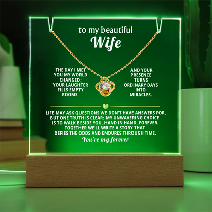 To My Beautiful Wife, You're My Forever - Love Knot Necklace Message Card Keepsake Acrylic Wooden 7 Color LED Base