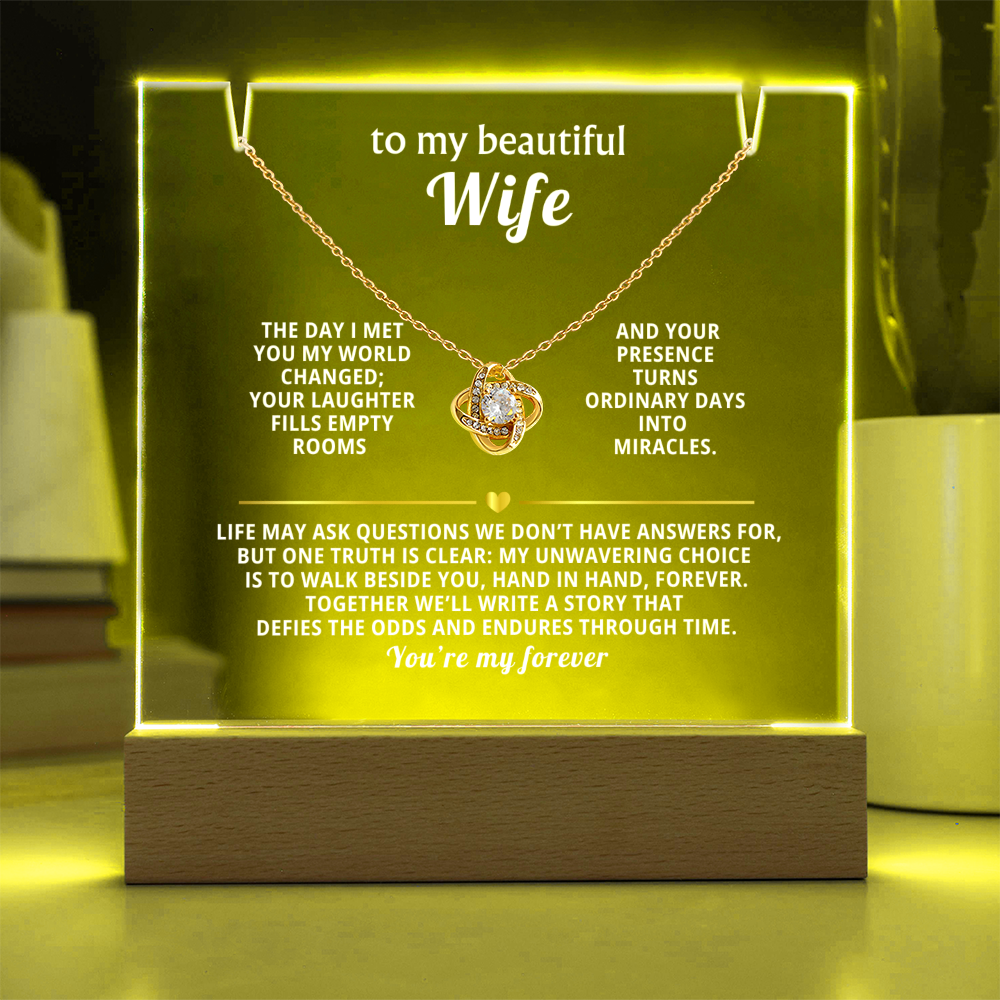 To My Beautiful Wife, You're My Forever - Love Knot Necklace Message Card Keepsake Acrylic Wooden 7 Color LED Base