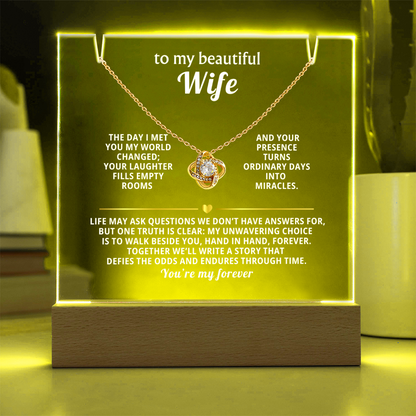 To My Beautiful Wife, You're My Forever - Love Knot Necklace Message Card Keepsake Acrylic Wooden 7 Color LED Base