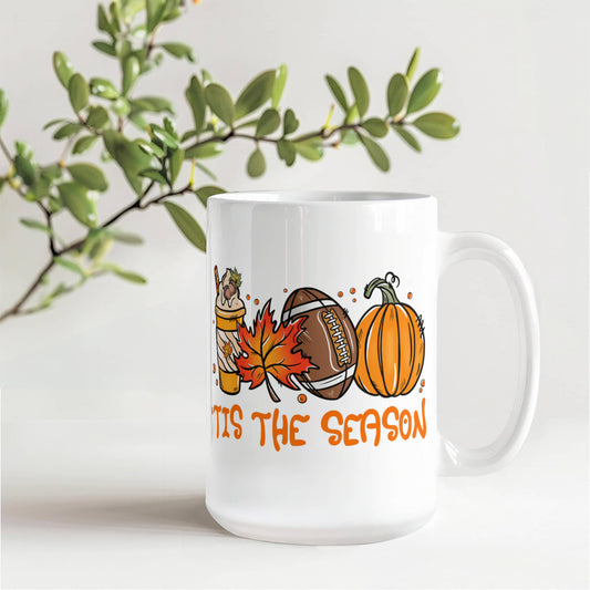 Fall Mugs 'Tis The Season for Autumn Leaves, Football and Pumpkin Spice! - White 15oz Ceramic Mug