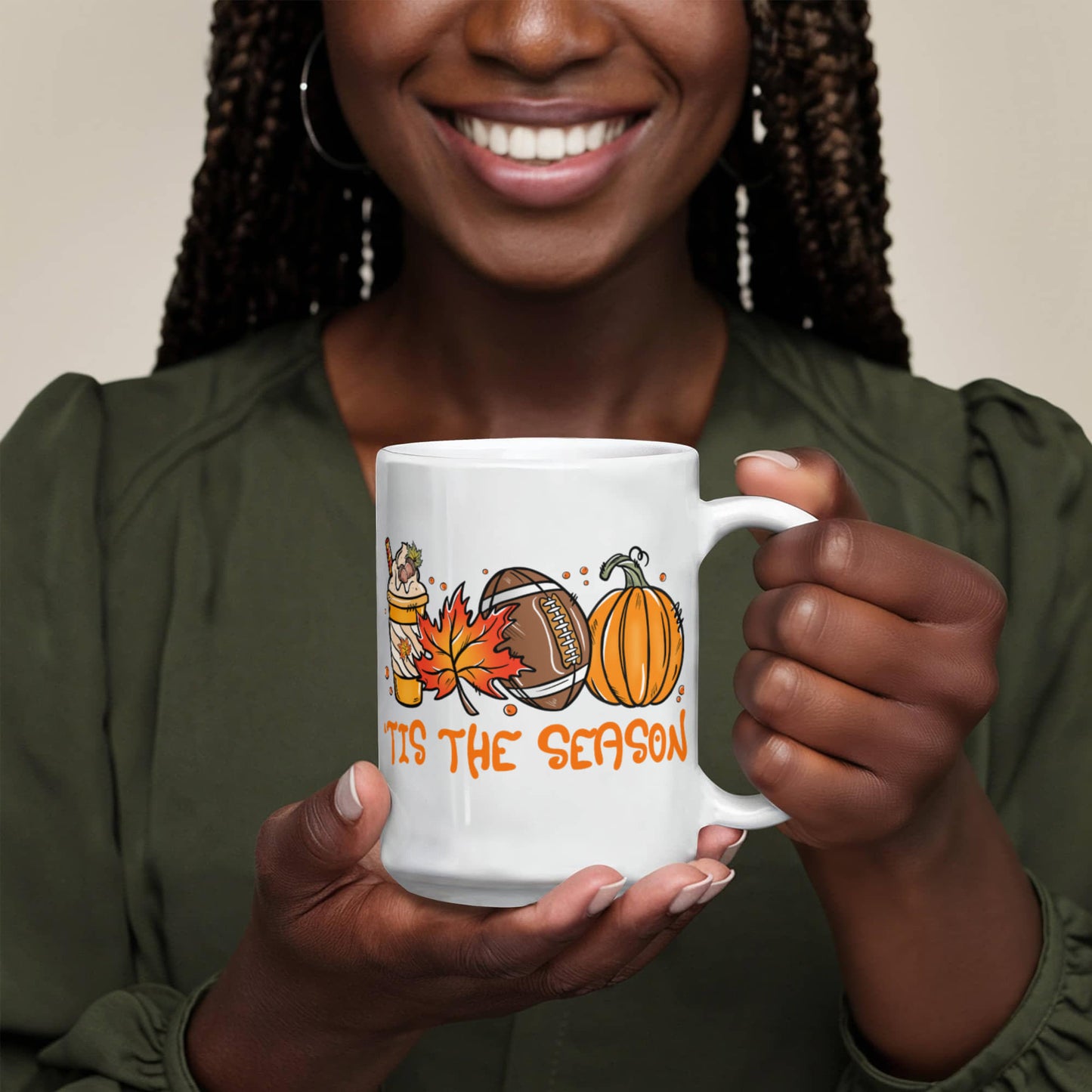 Fall Mugs 'Tis The Season for Autumn Leaves, Football and Pumpkin Spice! - White 15oz Ceramic Mug