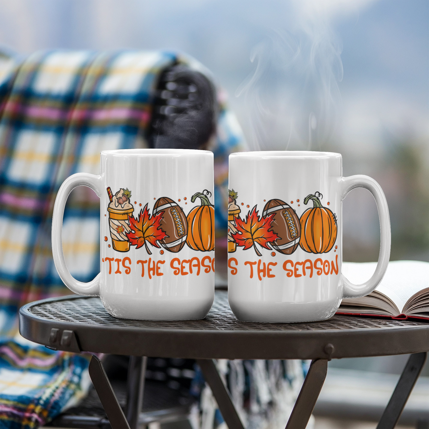 Fall Mugs 'Tis The Season for Autumn Leaves, Football and Pumpkin Spice! - White 15oz Ceramic Mug