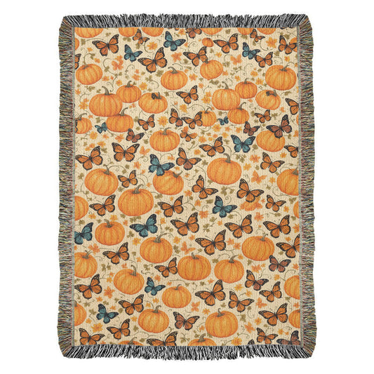 Pumpkins and Butterflies Pattern - Eco Friendly and Cozy 100% Cotton Yarn Woven Blanket in 3 Sizes