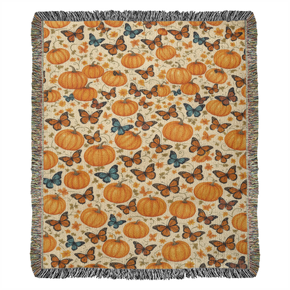 Pumpkins and Butterflies Pattern - Eco Friendly and Cozy 100% Cotton Yarn Woven Blanket in 3 Sizes