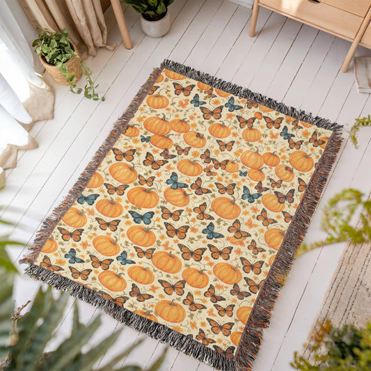 Pumpkins and Butterflies Pattern - Eco Friendly and Cozy 100% Cotton Yarn Woven Blanket in 3 Sizes