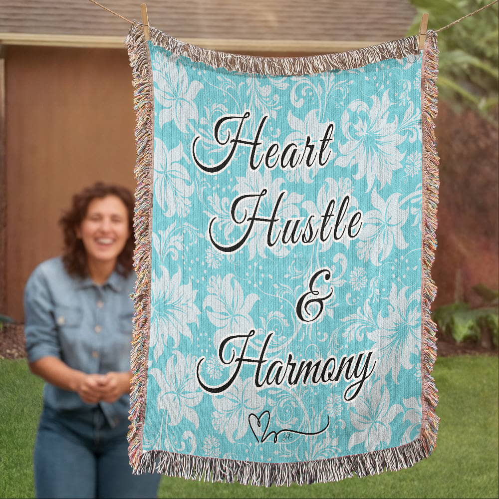 Heart Hustle and Harmony Beautiful Blue on an Eco-Friendly 100% Cotton Yarn Woven Blanket in 3 sizes!