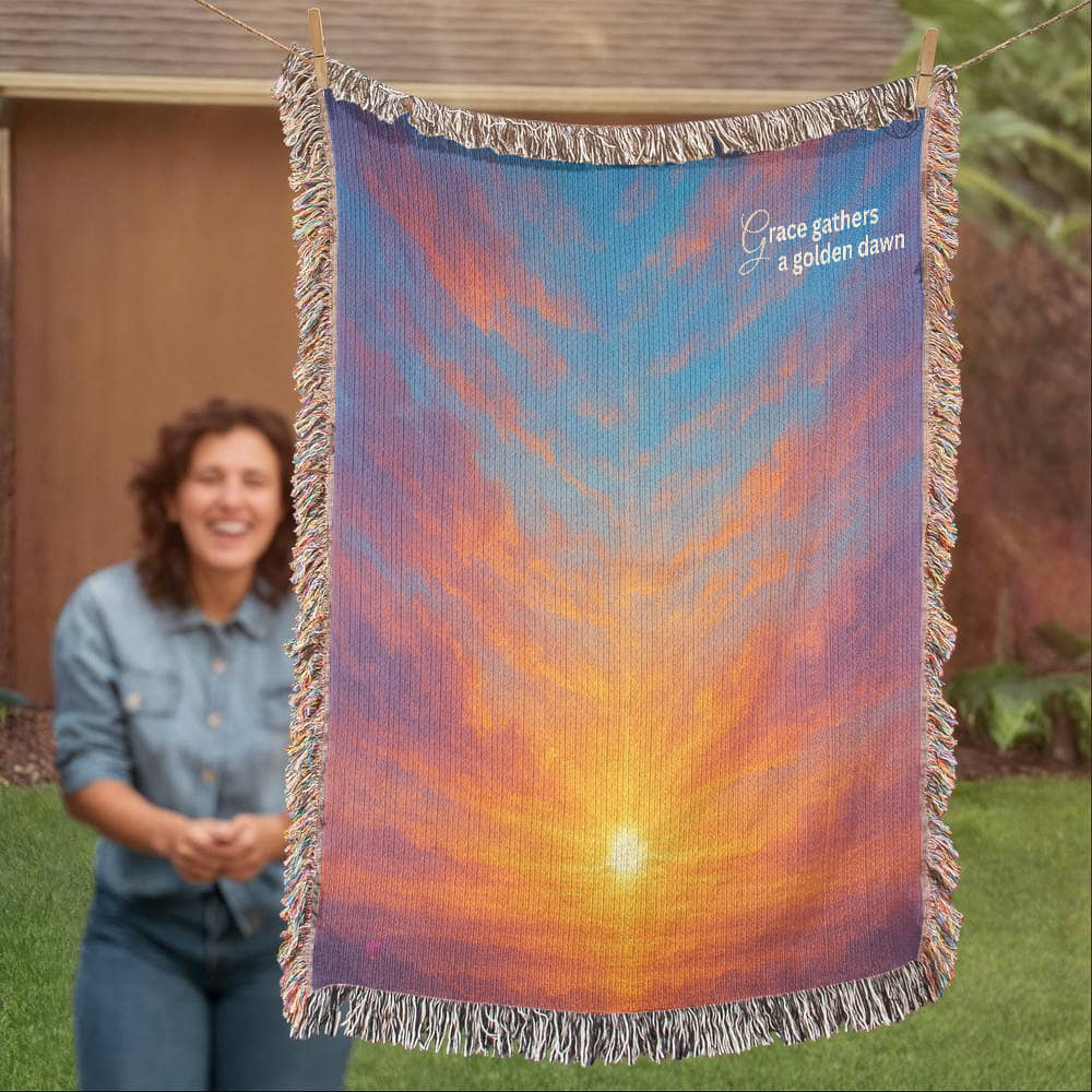Beautiful and Bright Ethereal Looking Sunrise with Beautiful Gold Red and Blue Colors - 100% Woven Cotton Blanket