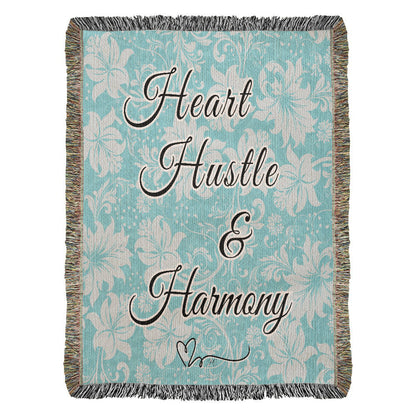 Heart Hustle and Harmony Beautiful Blue on an Eco-Friendly 100% Cotton Yarn Woven Blanket in 3 sizes!