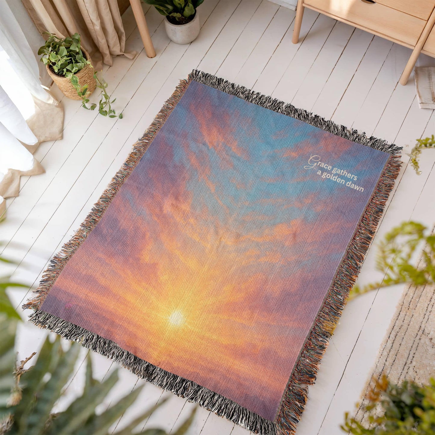 Beautiful and Bright Ethereal Looking Sunrise with Beautiful Gold Red and Blue Colors - 100% Woven Cotton Blanket
