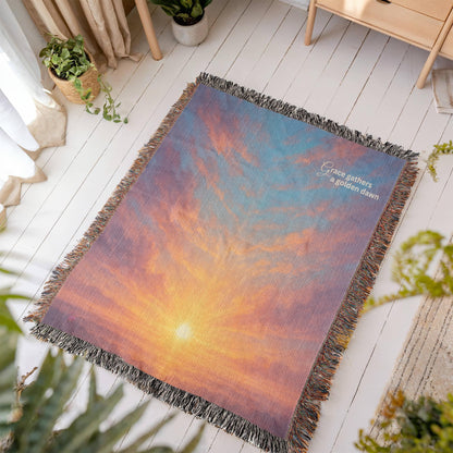 Beautiful and Bright Ethereal Looking Sunrise with Beautiful Gold Red and Blue Colors - 100% Woven Cotton Blanket