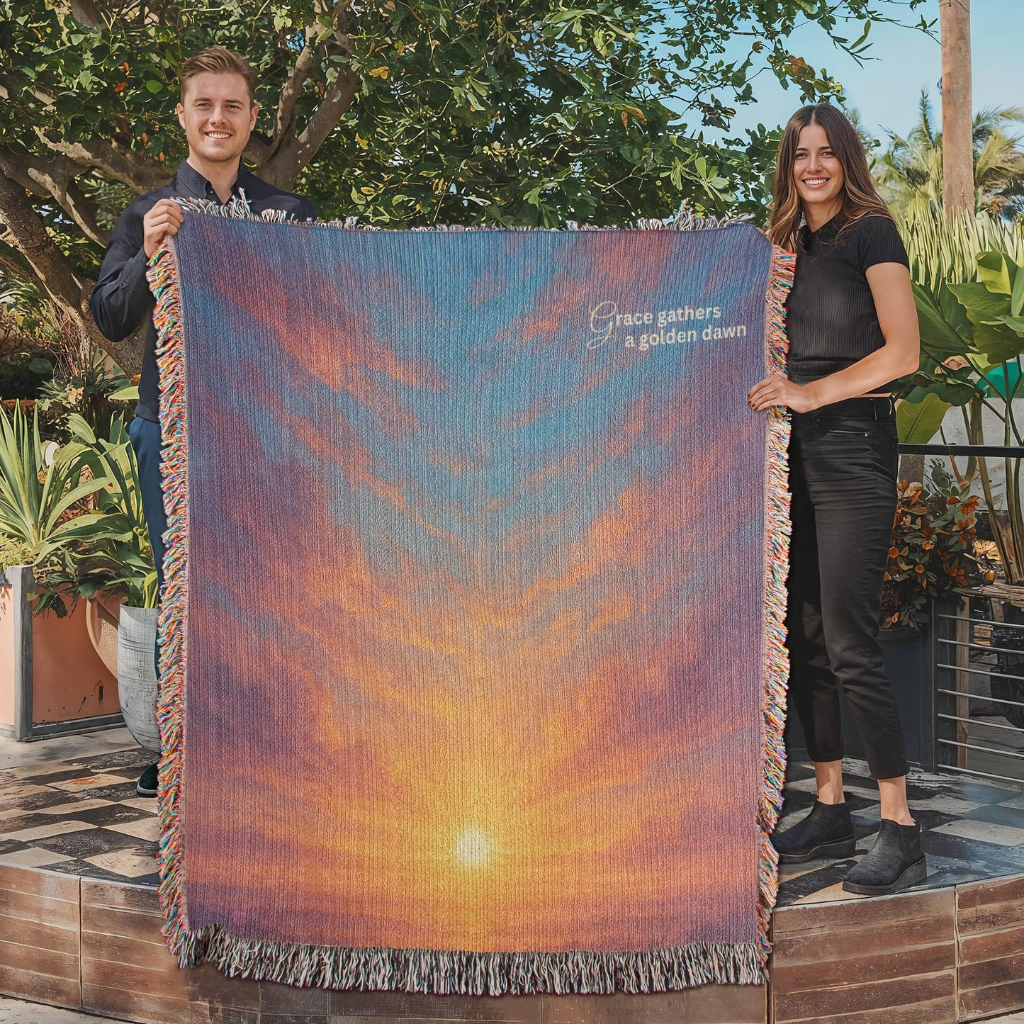 Beautiful and Bright Ethereal Looking Sunrise with Beautiful Gold Red and Blue Colors - 100% Woven Cotton Blanket