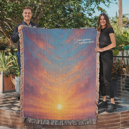 Beautiful and Bright Ethereal Looking Sunrise with Beautiful Gold Red and Blue Colors - 100% Woven Cotton Blanket