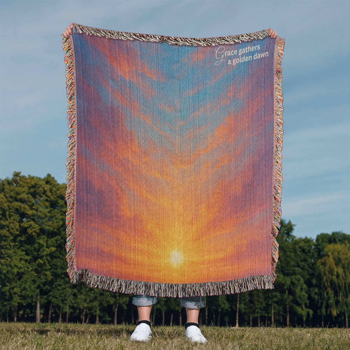 Beautiful and Bright Ethereal Looking Sunrise with Beautiful Gold Red and Blue Colors - 100% Woven Cotton Blanket