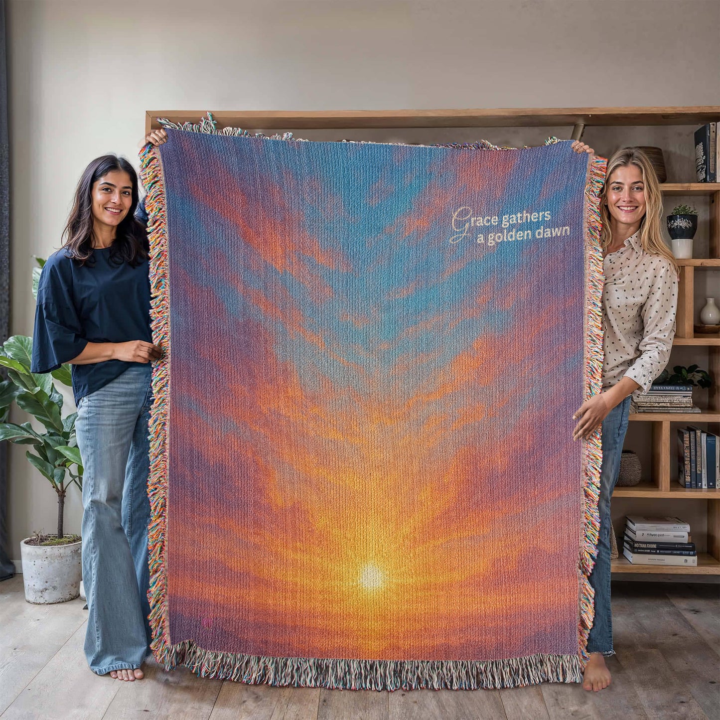 Beautiful and Bright Ethereal Looking Sunrise with Beautiful Gold Red and Blue Colors - 100% Woven Cotton Blanket