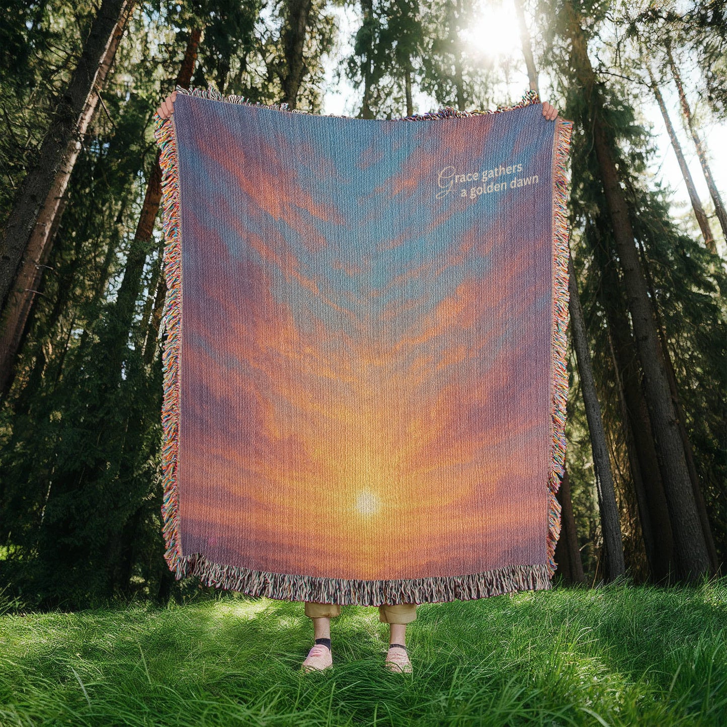 Beautiful and Bright Ethereal Looking Sunrise with Beautiful Gold Red and Blue Colors - 100% Woven Cotton Blanket