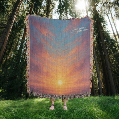 Beautiful and Bright Ethereal Looking Sunrise with Beautiful Gold Red and Blue Colors - 100% Woven Cotton Blanket