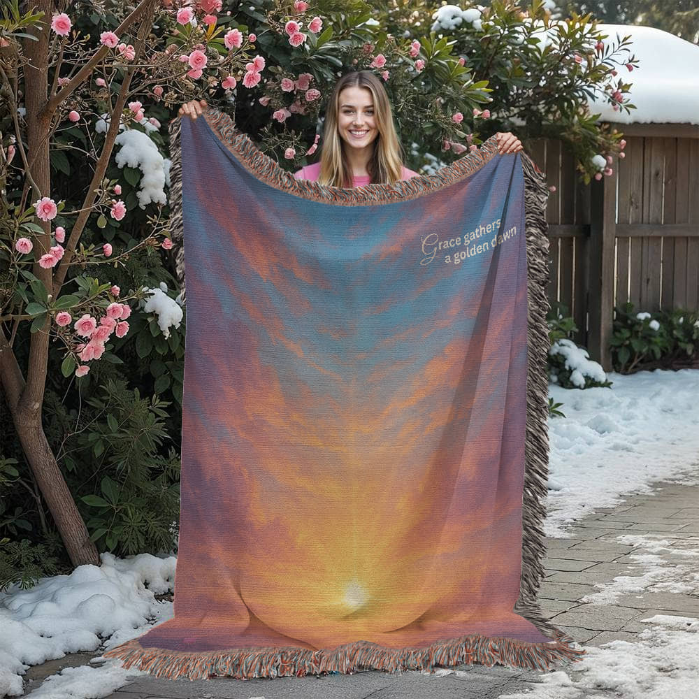Beautiful and Bright Ethereal Looking Sunrise with Beautiful Gold Red and Blue Colors - 100% Woven Cotton Blanket