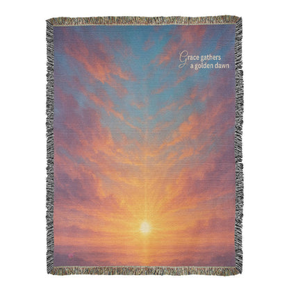 Beautiful and Bright Ethereal Looking Sunrise with Beautiful Gold Red and Blue Colors - 100% Woven Cotton Blanket