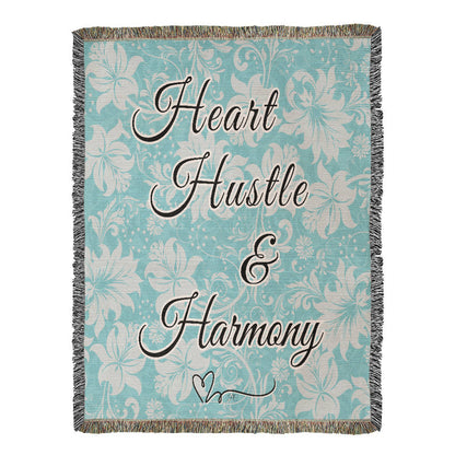Heart Hustle and Harmony Beautiful Blue on an Eco-Friendly 100% Cotton Yarn Woven Blanket in 3 sizes!