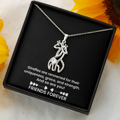 Forever Friends Giraffe Necklace – Meaningful Best Friend Gift with Cubic Zirconia, 14k White Gold or 18k Yellow Gold Finish