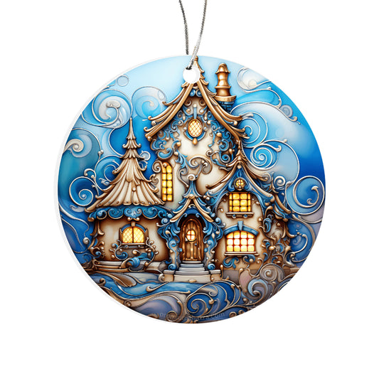Fairy-Tale House with Unique Dreamy Vibe and Pointed Roofs, and Warm Light for a Cozy, Magical Feel - Acrylic Circle Ornament
