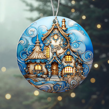 Fairy-Tale House with Unique Dreamy Vibe and Pointed Roofs, and Warm Light for a Cozy, Magical Feel - Acrylic Circle Ornament