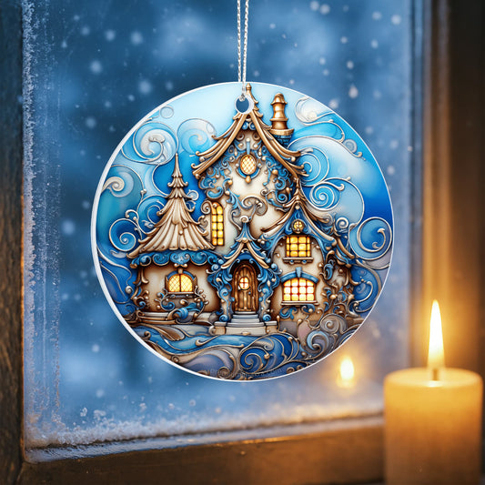 Fairy-Tale House with Unique Dreamy Vibe and Pointed Roofs, and Warm Light for a Cozy, Magical Feel - Acrylic Circle Ornament