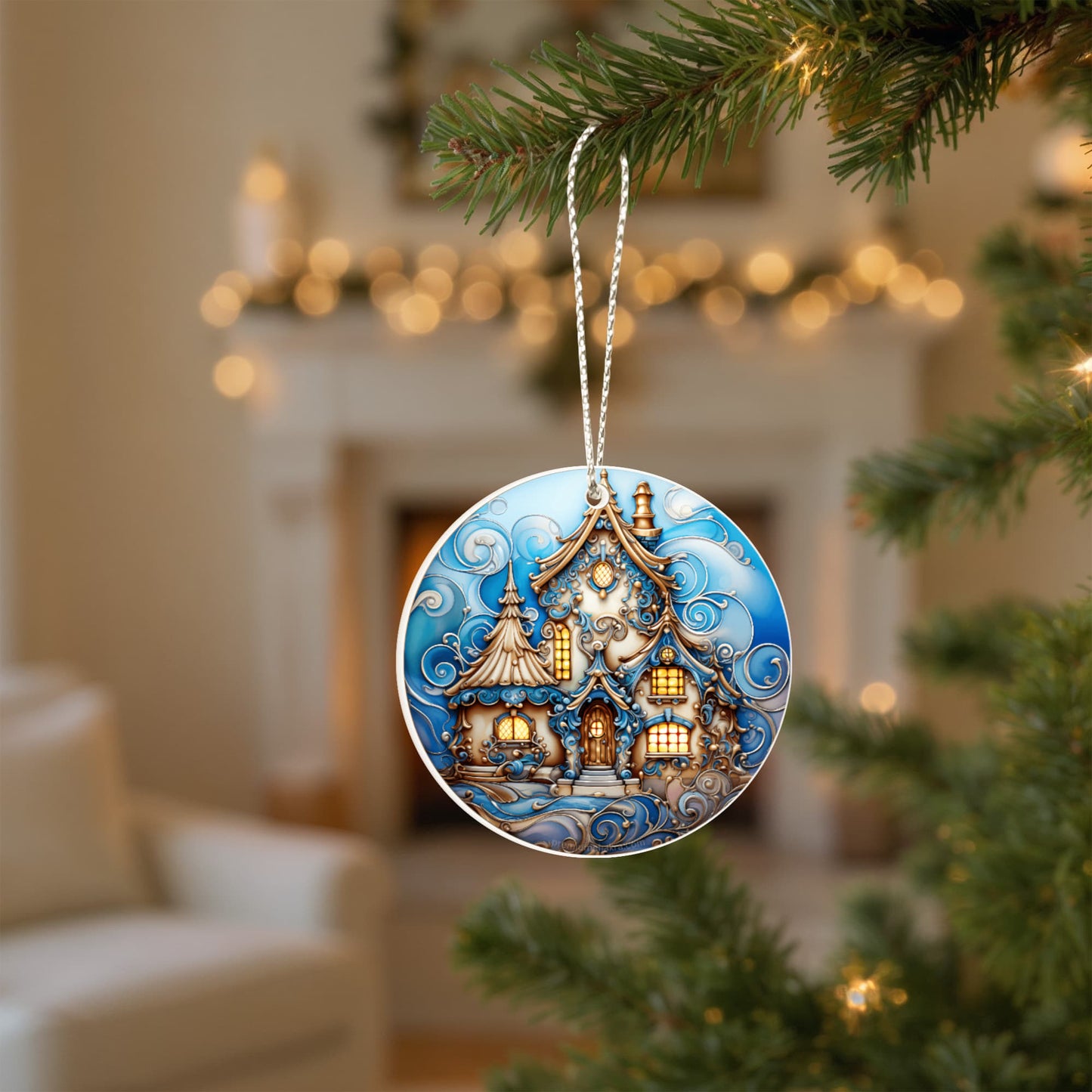 Fairy-Tale House with Unique Dreamy Vibe and Pointed Roofs, and Warm Light for a Cozy, Magical Feel - Acrylic Circle Ornament