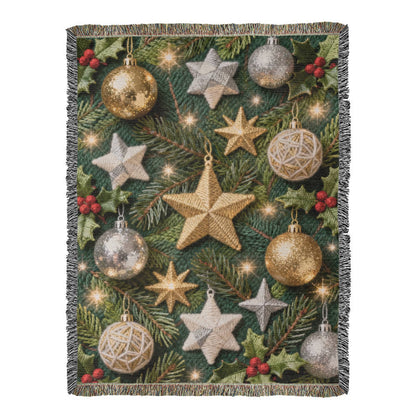 Christmas Ornaments on Green Boughs and Holly  - 100% Cotton Woven Blanket in 3 sizes