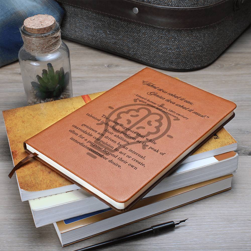 Notebook journal with cover quote: Edward Bulwer-Lytton's "Talent does what it can; Genius does what it must." black text layered on a lightbulb on the brown vegan leather cover on a stack of books.
