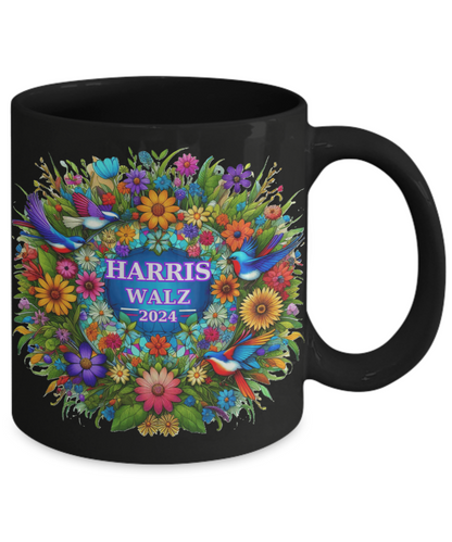 Harris Walz 2024 Colorful Purple Green Gold Wreath  Mugs: 2 Colors, 2 Sizes for 4 Options