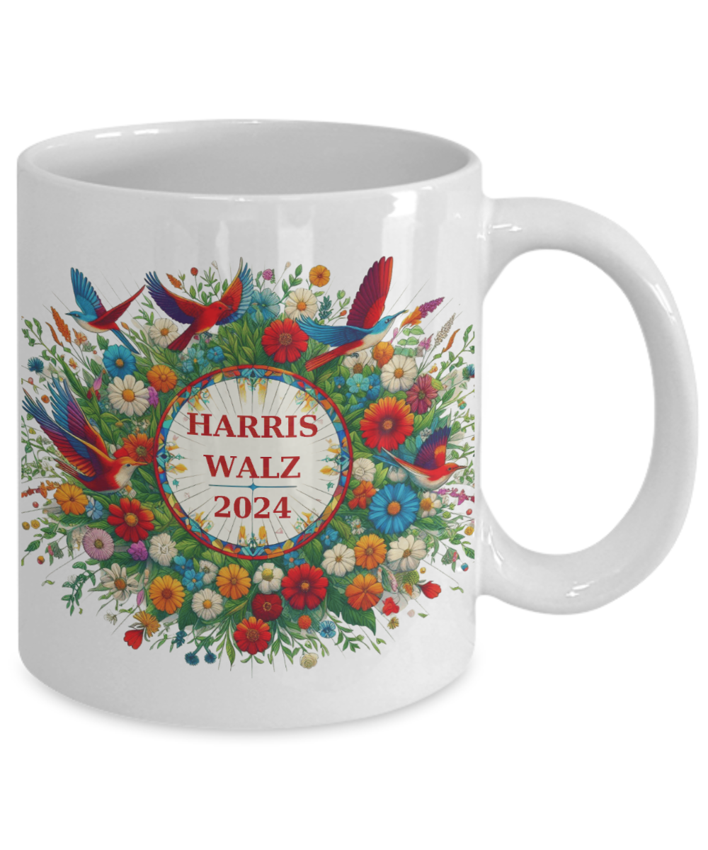 Harris Walz 2024 Flowers Birds Colorful Mugs 4 options