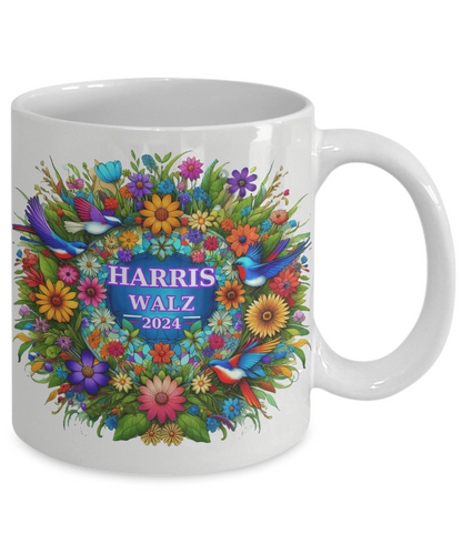 Harris Walz 2024 Colorful Purple Green Gold Wreath  Mugs: 2 Colors, 2 Sizes for 4 Options