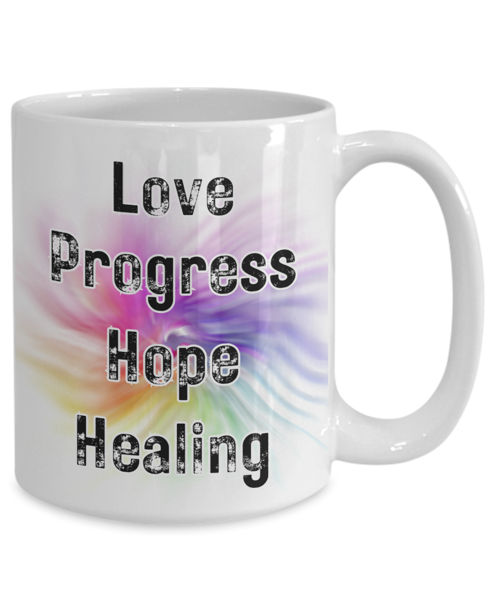 Colorful Words Love Progress Hope Healing Positive Words 15oz White Ceramic Mug