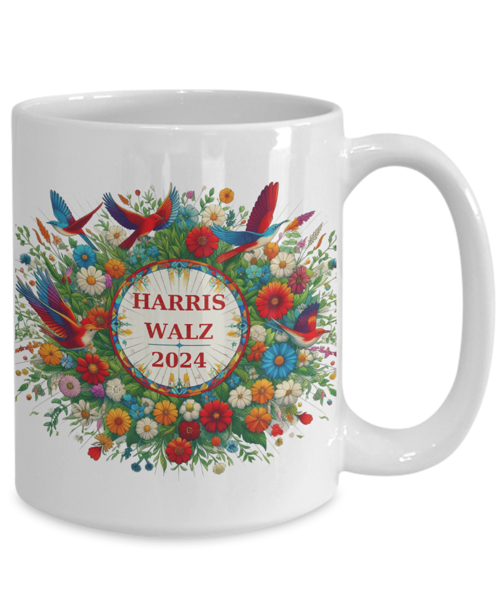 Harris Walz 2024 Flowers Birds Colorful Mugs 4 options