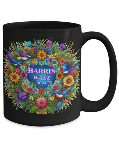 Harris Walz 2024 Colorful Purple Green Gold Wreath  Mugs: 2 Colors, 2 Sizes for 4 Options