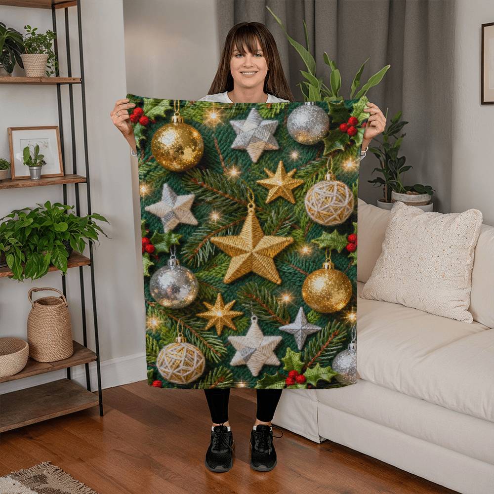 Christmas Ornaments on Green Boughs and Holly - Coral Fleece Blanket