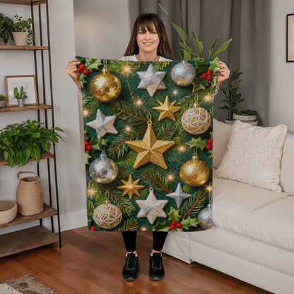 Christmas Ornaments on Green Boughs and Holly - Coral Fleece Blanket