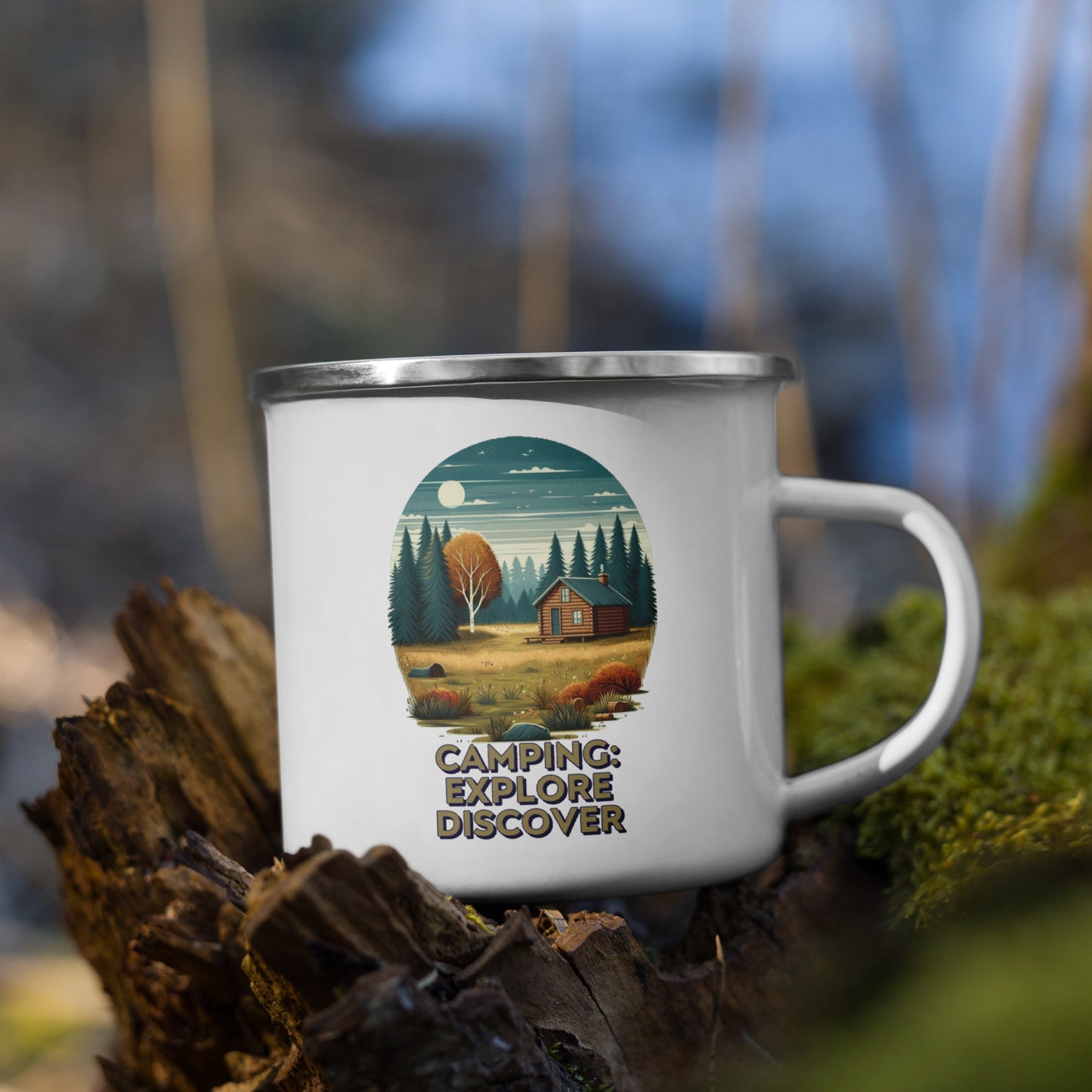 Cabin Camping Explore Discover Woods Rural Woodsy Camp Night 12oz Enamel Mug