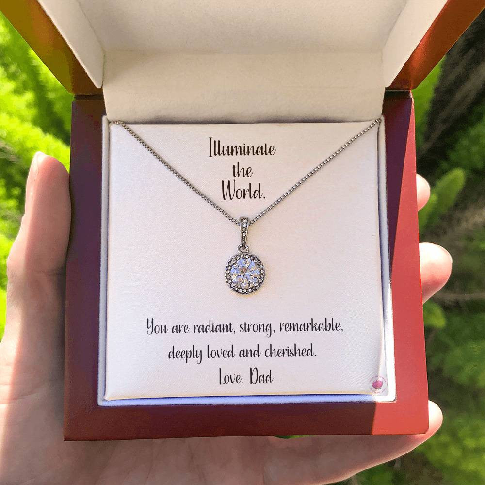Illuminate the World Message Card Eternal Hope Necklace in 14k White Gold Finish - To Daughter From Dad