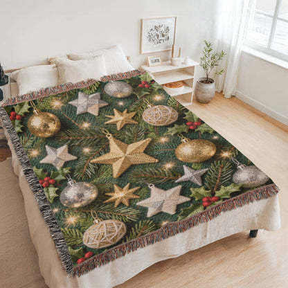 Christmas Ornaments on Green Boughs and Holly  - 100% Cotton Woven Blanket in 3 sizes