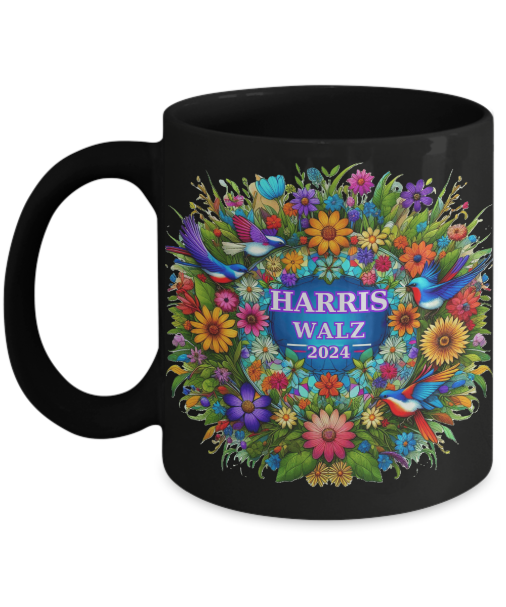 Harris Walz 2024 Colorful Purple Green Gold Wreath  Mugs: 2 Colors, 2 Sizes for 4 Options