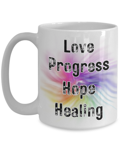 Colorful Words Love Progress Hope Healing Positive Words 15oz White Ceramic Mug