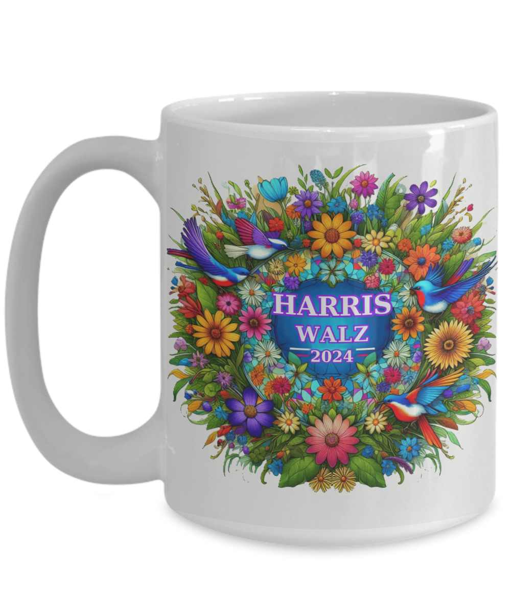 Harris Walz 2024 Colorful Purple Green Gold Wreath  Mugs: 2 Colors, 2 Sizes for 4 Options