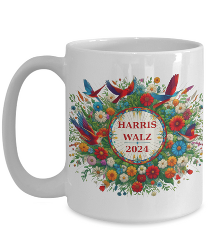 Harris Walz 2024 Flowers Birds Colorful Mugs 4 options