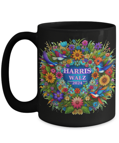 Harris Walz 2024 Colorful Purple Green Gold Wreath  Mugs: 2 Colors, 2 Sizes for 4 Options